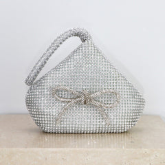 Elegant Crystal Rhinestone Evening Bag – Silver Mesh Clutch with Bow Detail