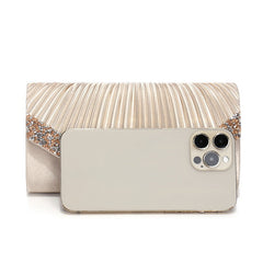 Satin Pleated Rhinestone Evening Clutch for Women – Wedding & Banquet Shoulder Bag