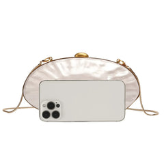 Elegant Pearl White Oval Evening Clutch – Gold Chain Shoulder Bag for Women
