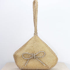 Elegant Crystal Rhinestone Evening Bag – Silver Mesh Clutch with Bow Detail
