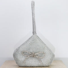 Elegant Crystal Rhinestone Evening Bag – Silver Mesh Clutch with Bow Detail
