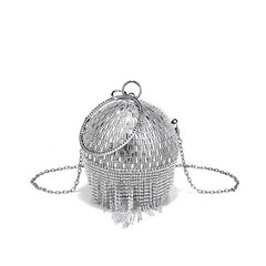 Sparkling Rhinestone Round Tassel Evening Bag – Fashionable and Elegant Women's Clutch Tote for Dressy Occasions
