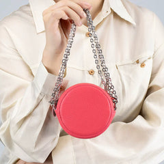New Genuine Leather Round Mini Chain Shoulder Crossbody Bag – Women’s First Layer Cowhide Portable Powder Storage Bag
