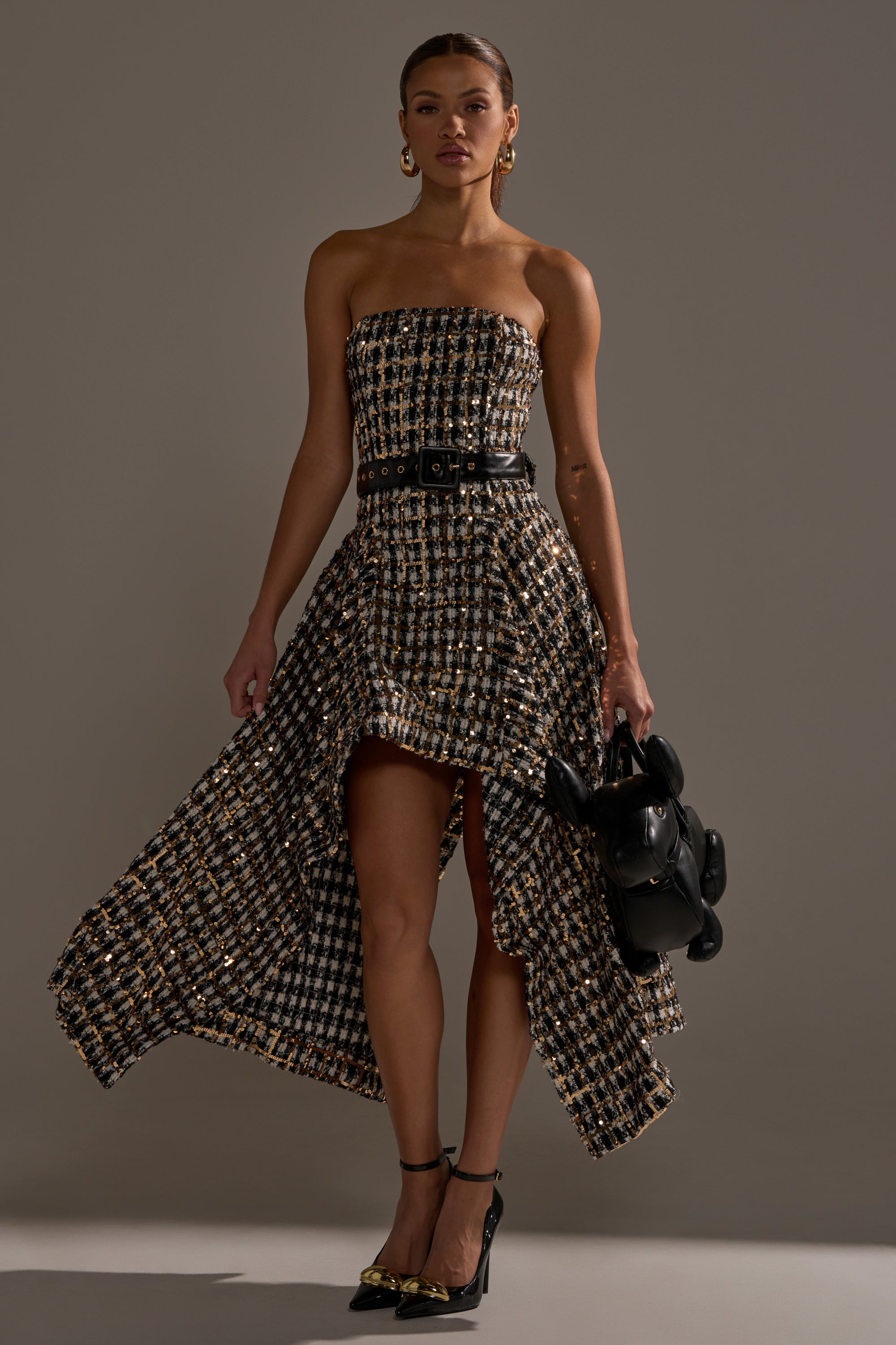 PURE ROYALTY BROCADE HIGH LOW TWEED DRESS WITH SEQUINS