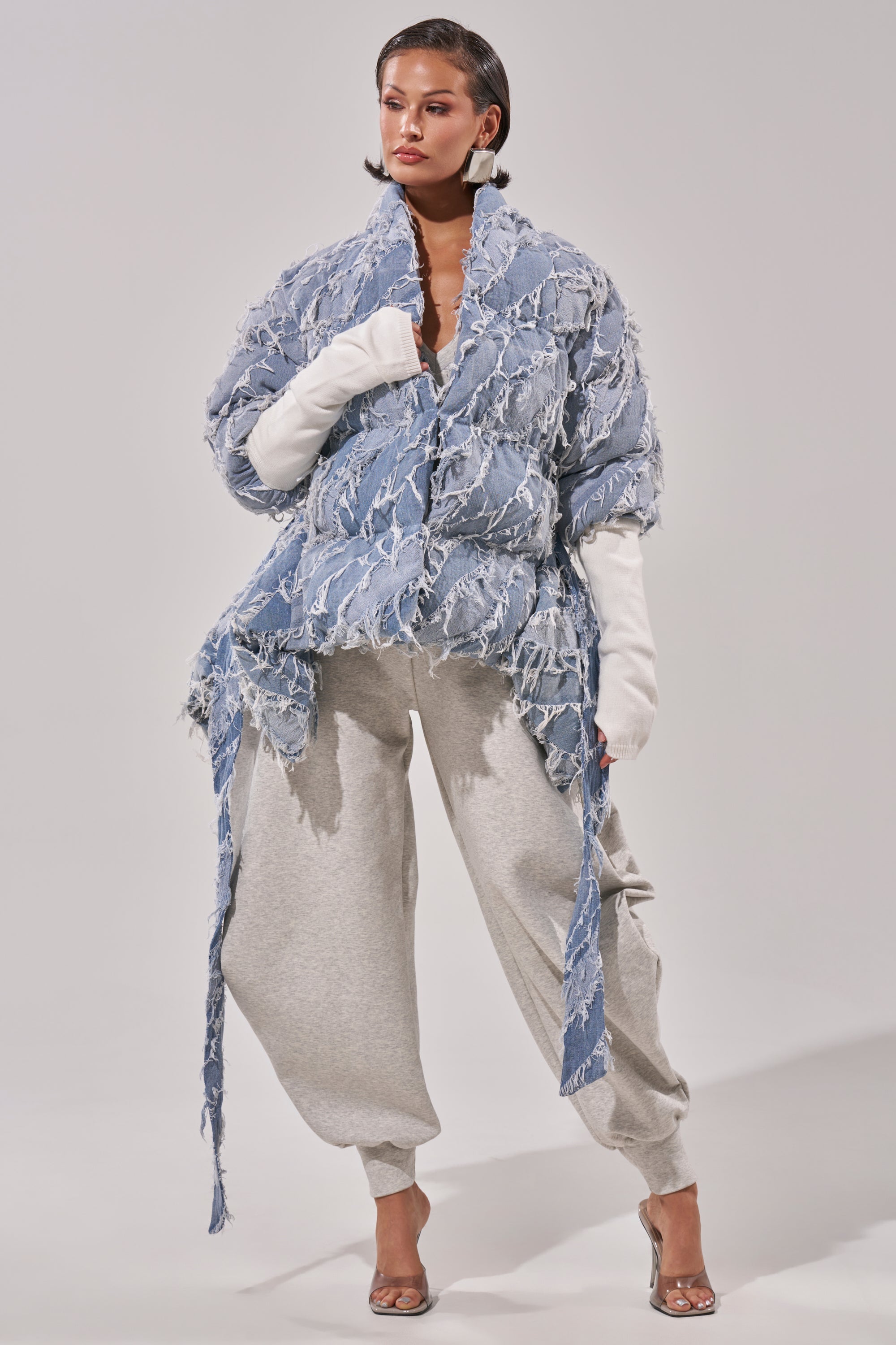 RIB SLEEVE PEPLUM PUFFER IN DENIM