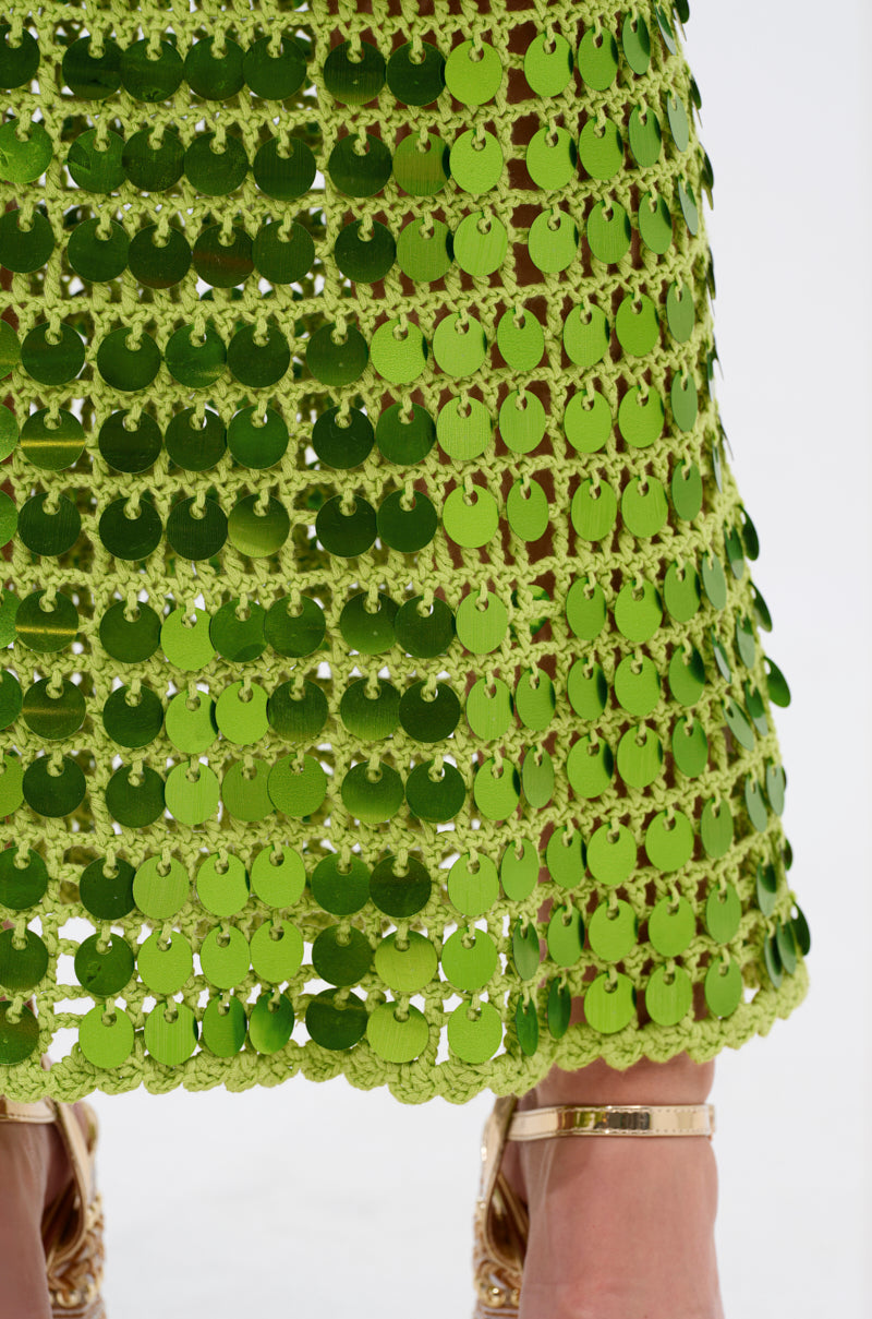 SHINE BRIGHT CROCHET SEQUIN MAXI DRESS IN GREEN