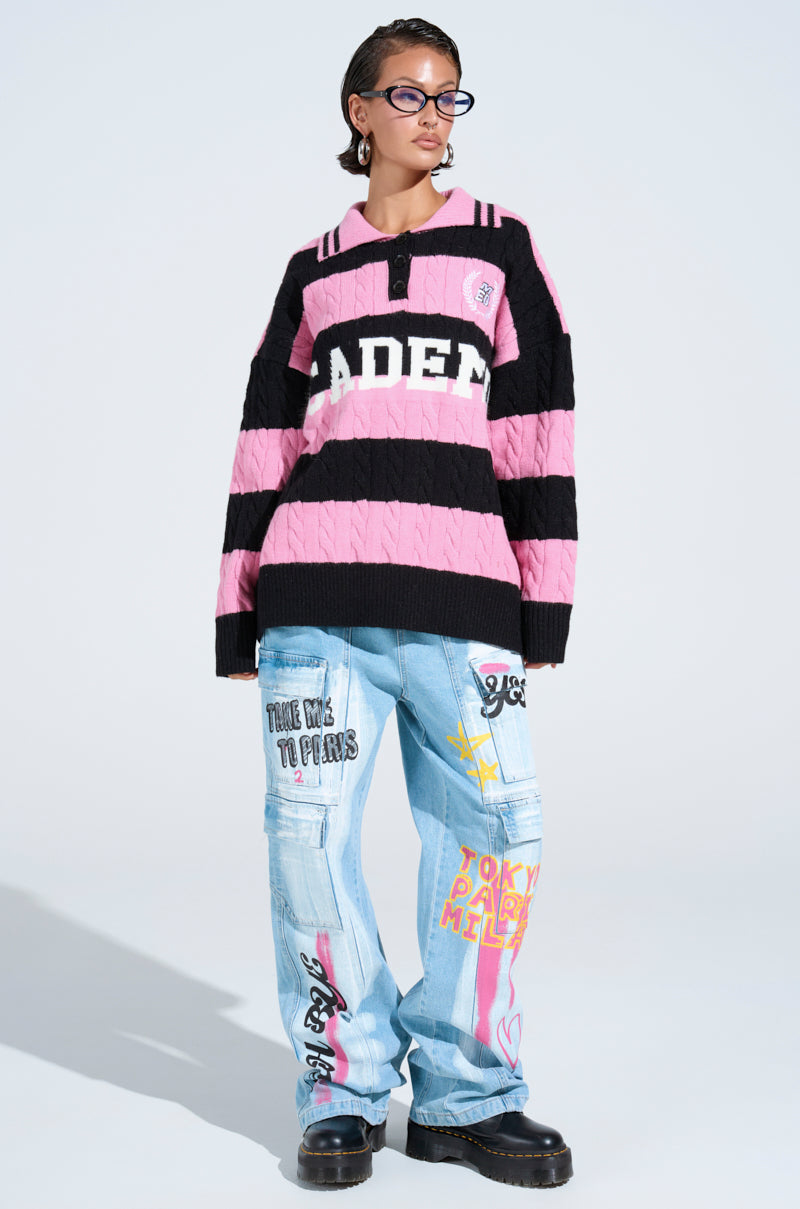 FIRST CLASS TICKET GRAPHIC CARGO RELAXED LEG JEANS