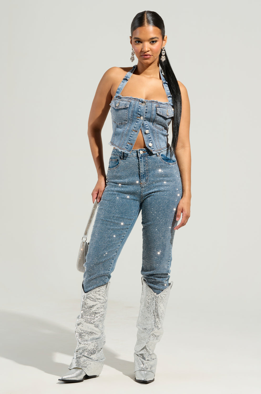 JOLIE RHINESTONE EMBELLISHED DENIM CORSET