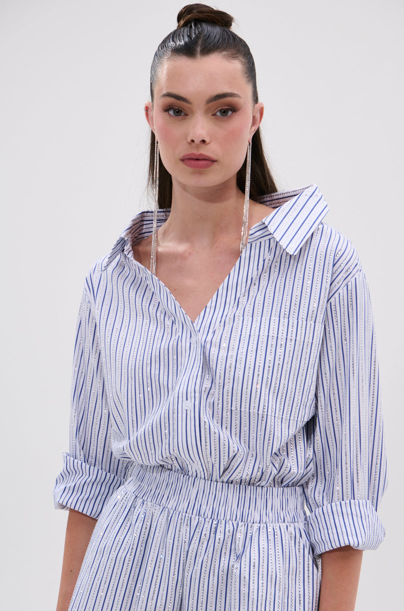 NOTHING BETTER STRIPE BUTTON DOWN WITH RHINESTONE