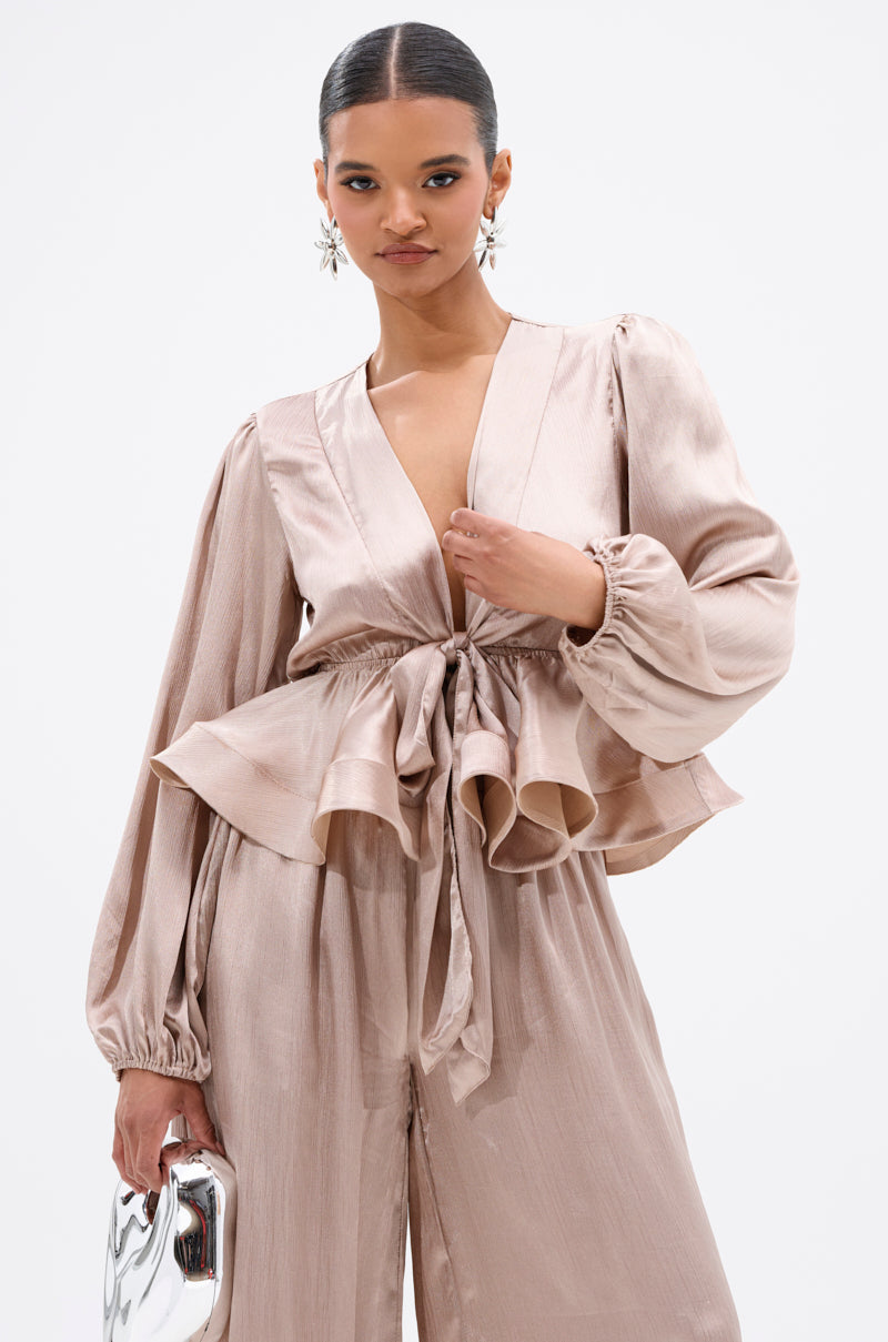 ELEGANT PEPLUM TIE FRONT BLOUSE