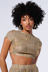JUST LIKE MAGIC METALLIC KNIT OPEN BACK TOP IN GREEN MULTI