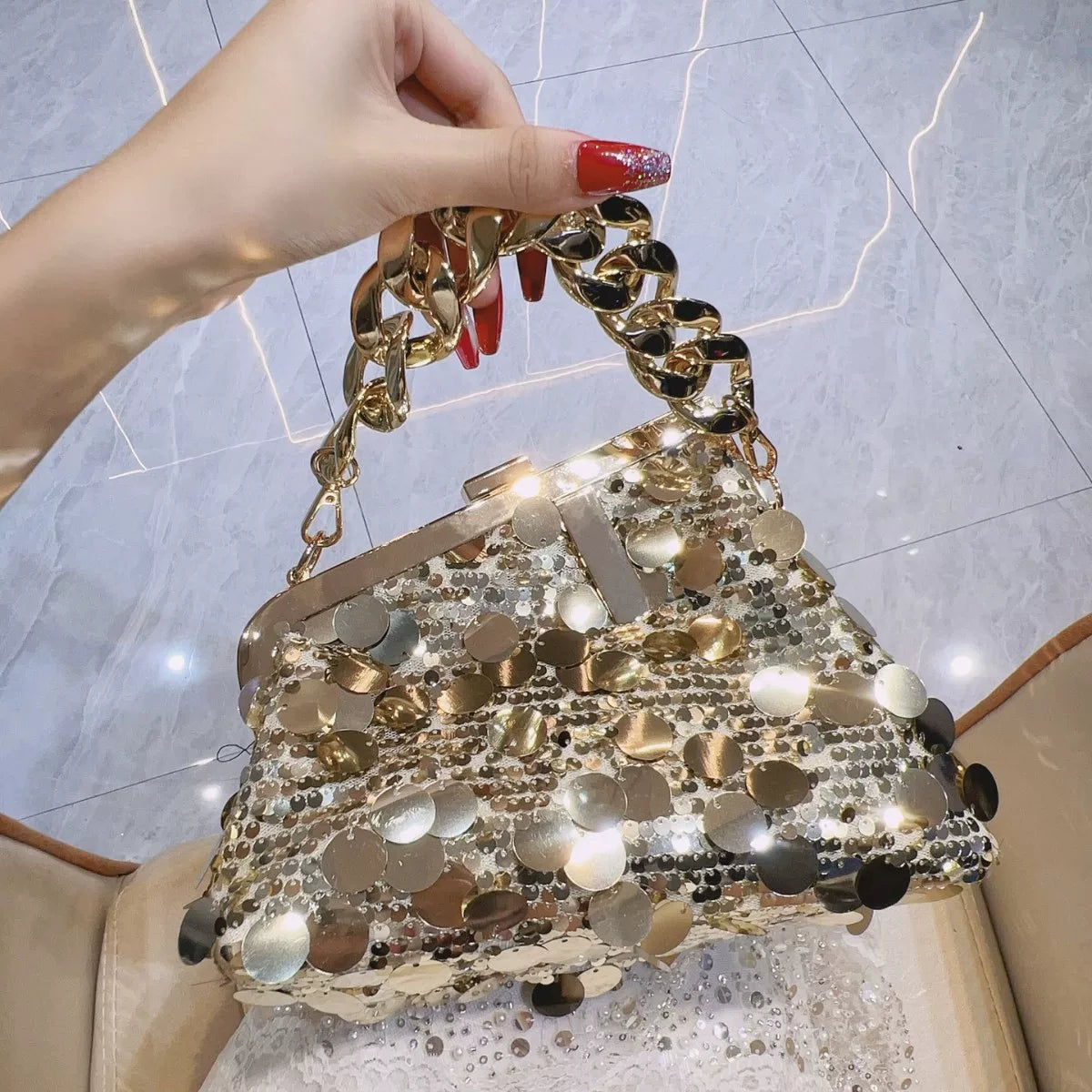Shiny Pink Sequin Handbag – Chic Chain Handle Evening Bag for Women