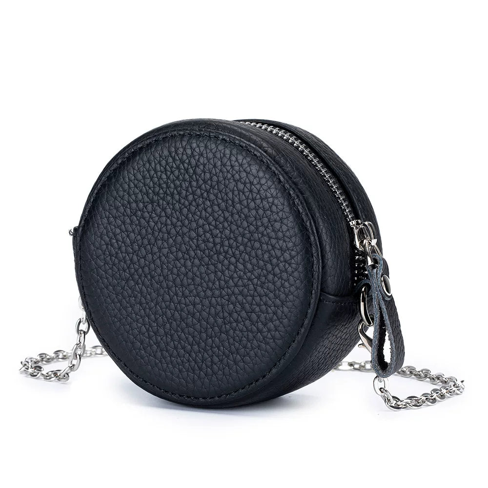 New Genuine Leather Round Mini Chain Shoulder Crossbody Bag – Women’s First Layer Cowhide Portable Powder Storage Bag