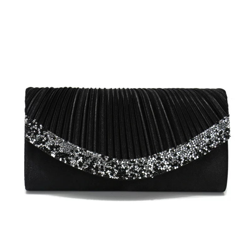 Satin Pleated Rhinestone Evening Clutch for Women – Wedding & Banquet Shoulder Bag