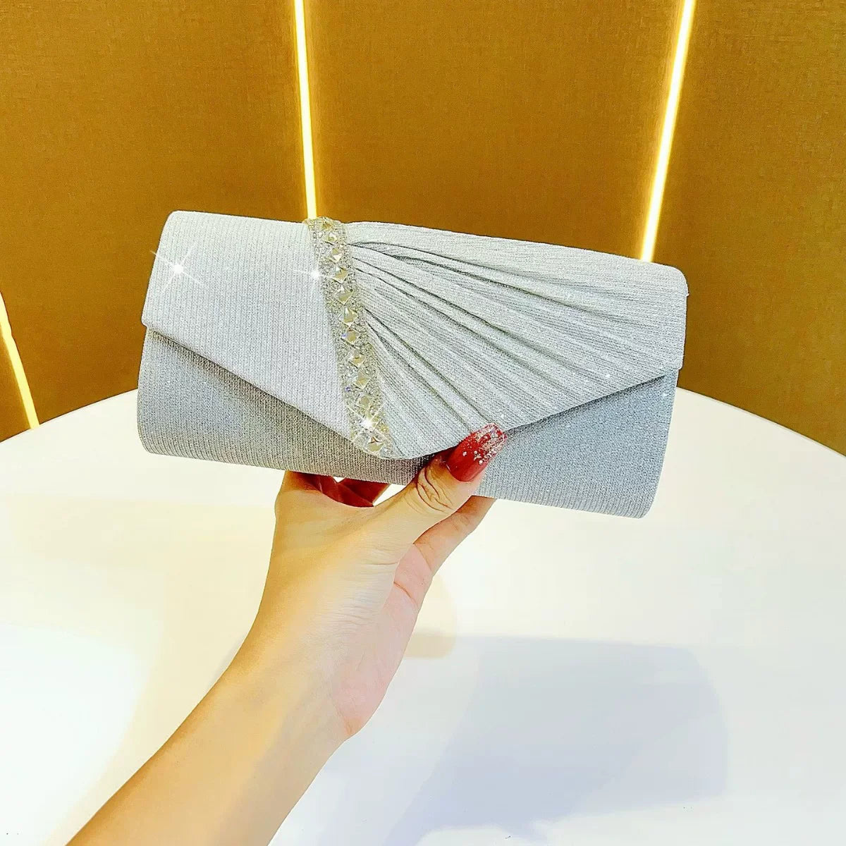 Rhinestone Pleated Evening Clutch Bag for Women – Small Envelope Handbag for Formal Events