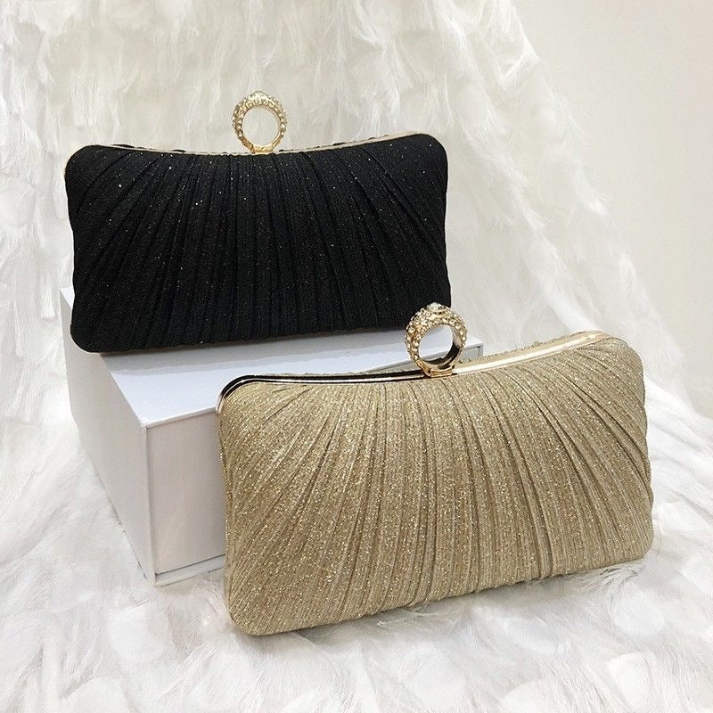 Elegant Pleated Glitter Evening Clutch – Ring Handle Formal Party Bag for Women (Multiple Colors)