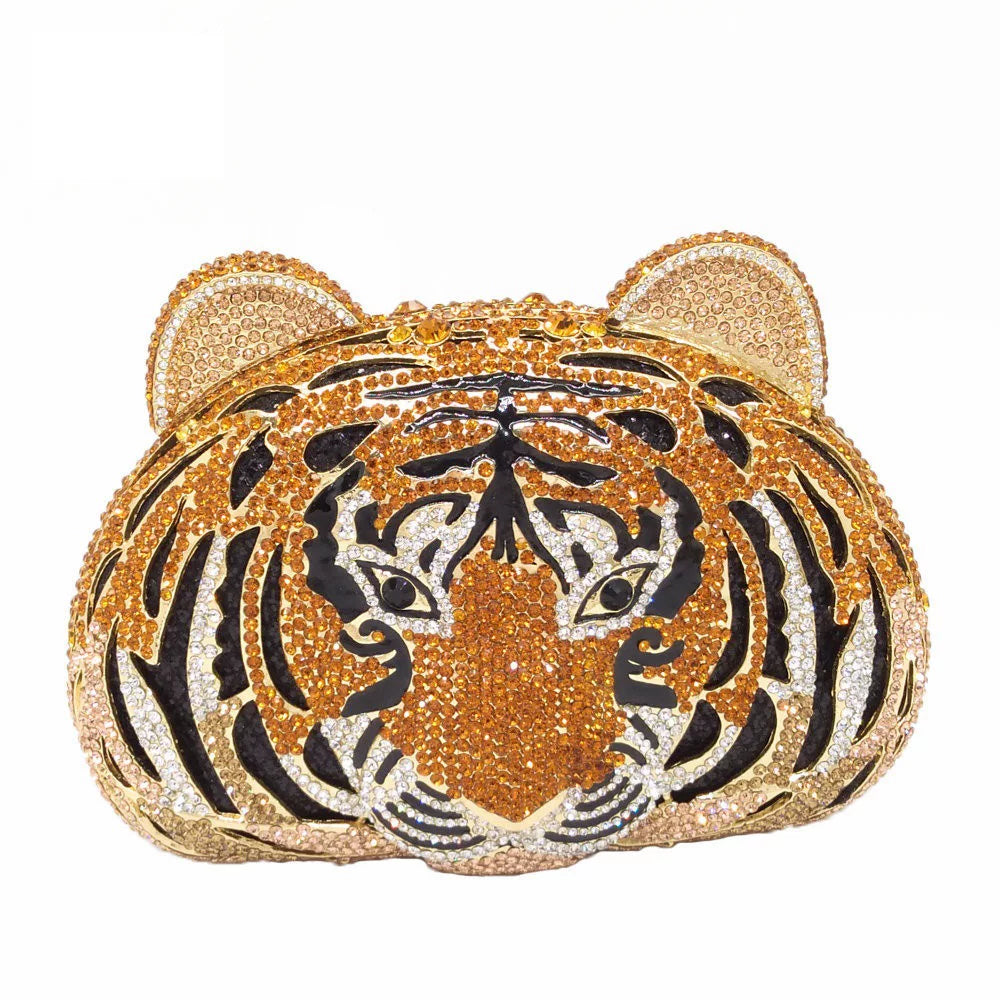 Tiger Rhinestone Bag, High-End Hollow Metal Crystal Dinner Bag, Handmade Diamond Bag, Tiger Head Handbag For Women