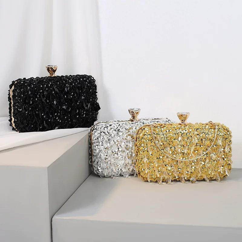 Colorful Ruffled Clutch Bag – Diamond-Embellished Evening Bag for Women, Available in Multiple Colors
