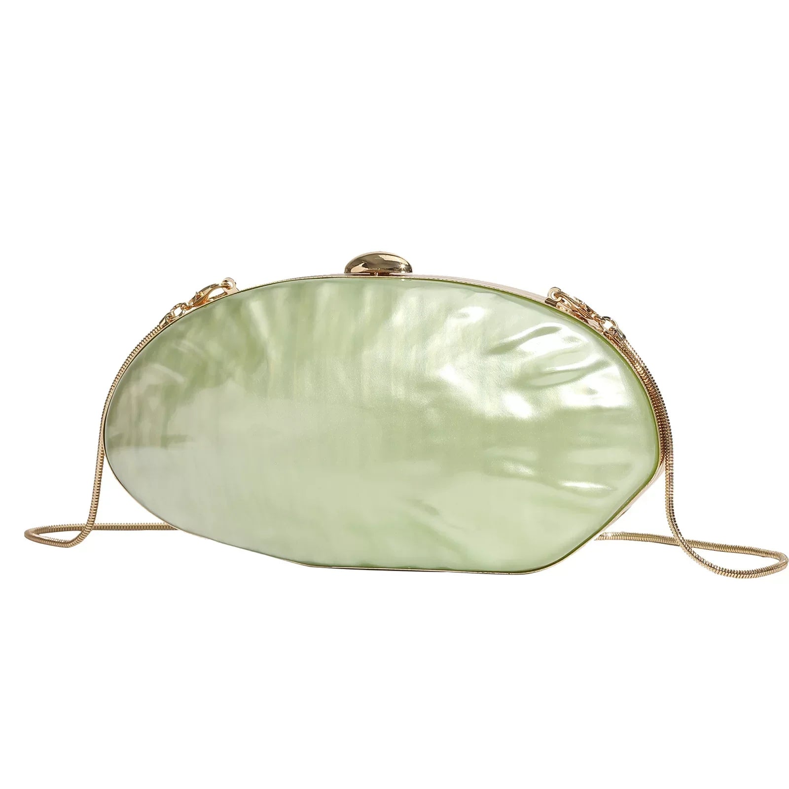 Elegant Pearl White Oval Evening Clutch – Gold Chain Shoulder Bag for Women
