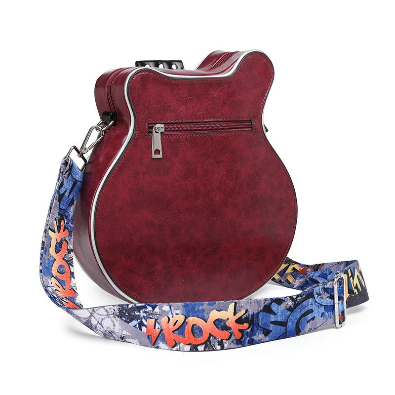 2025 European and American Guitar Style Shoulder Bag – Personalized Fashion Burgundy and Orange Bag for Women