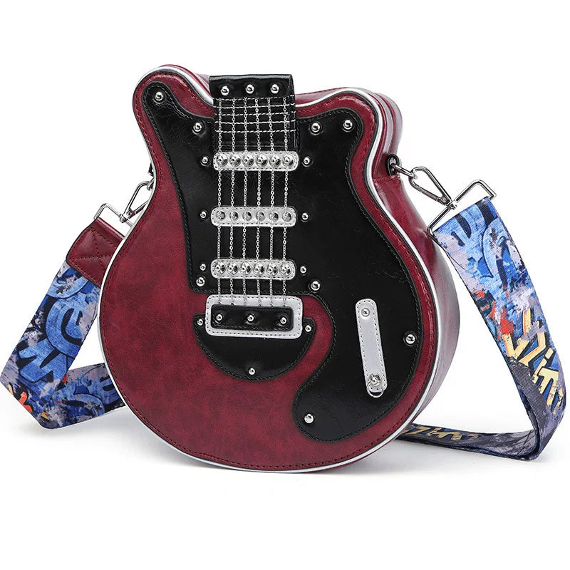 2025 European and American Guitar Style Shoulder Bag – Personalized Fashion Burgundy and Orange Bag for Women