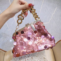Shiny Pink Sequin Handbag – Chic Chain Handle Evening Bag for Women