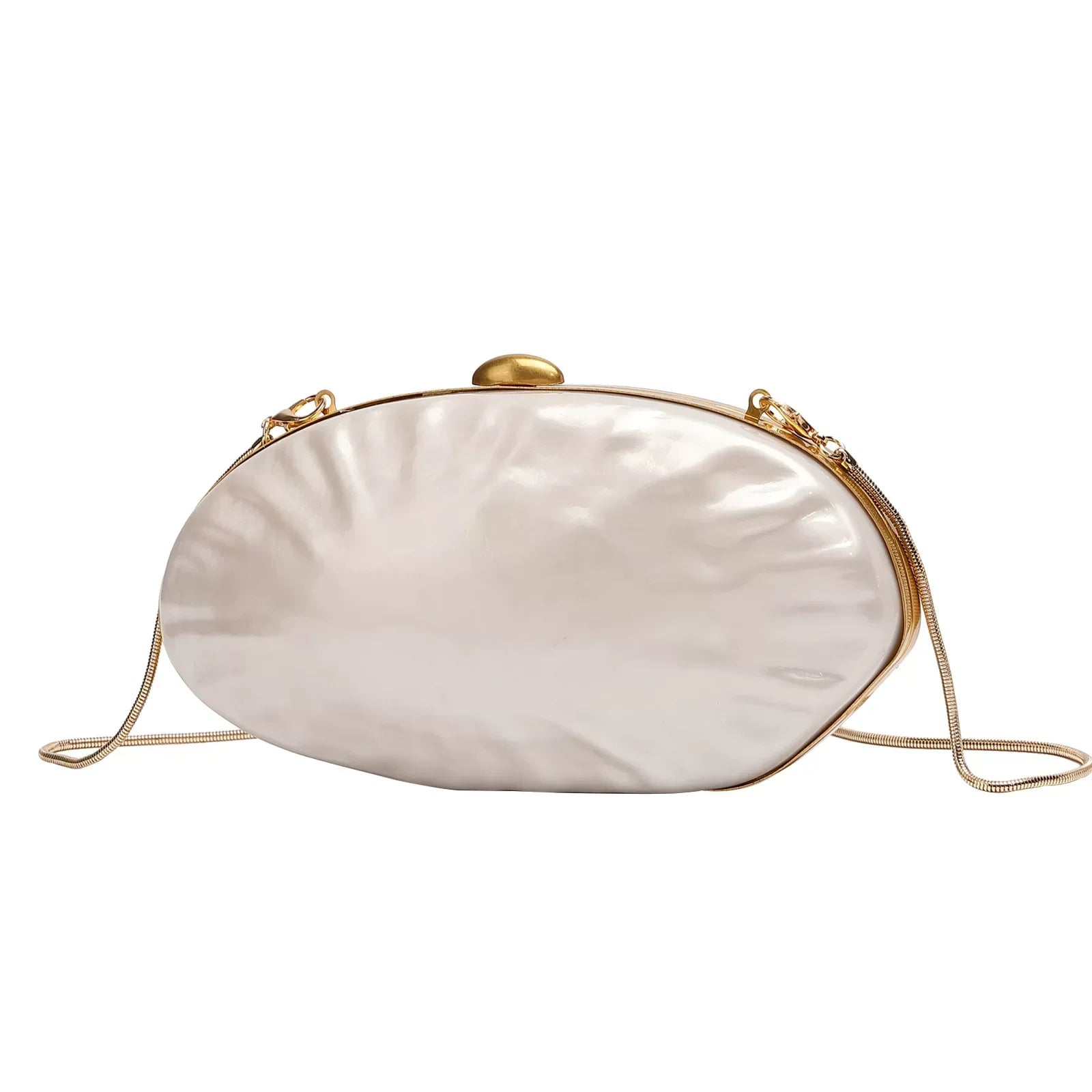 Elegant Pearl White Oval Evening Clutch – Gold Chain Shoulder Bag for Women