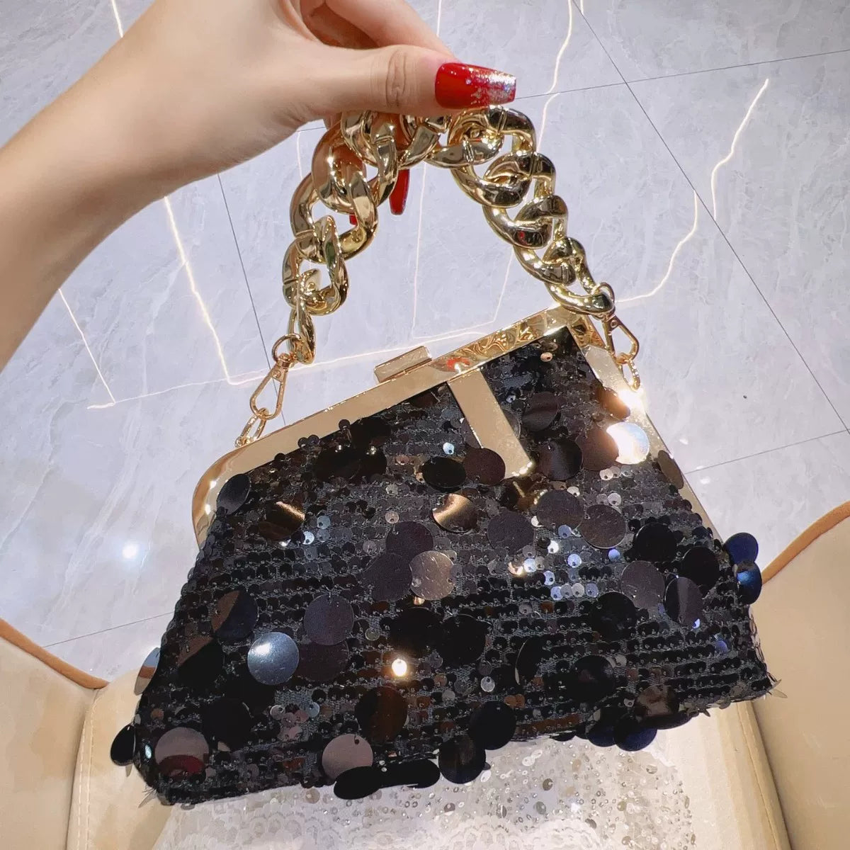 Shiny Pink Sequin Handbag – Chic Chain Handle Evening Bag for Women