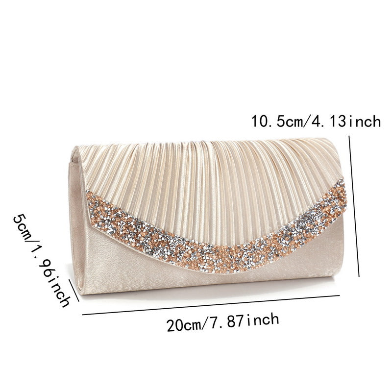 Satin Pleated Rhinestone Evening Clutch for Women – Wedding & Banquet Shoulder Bag