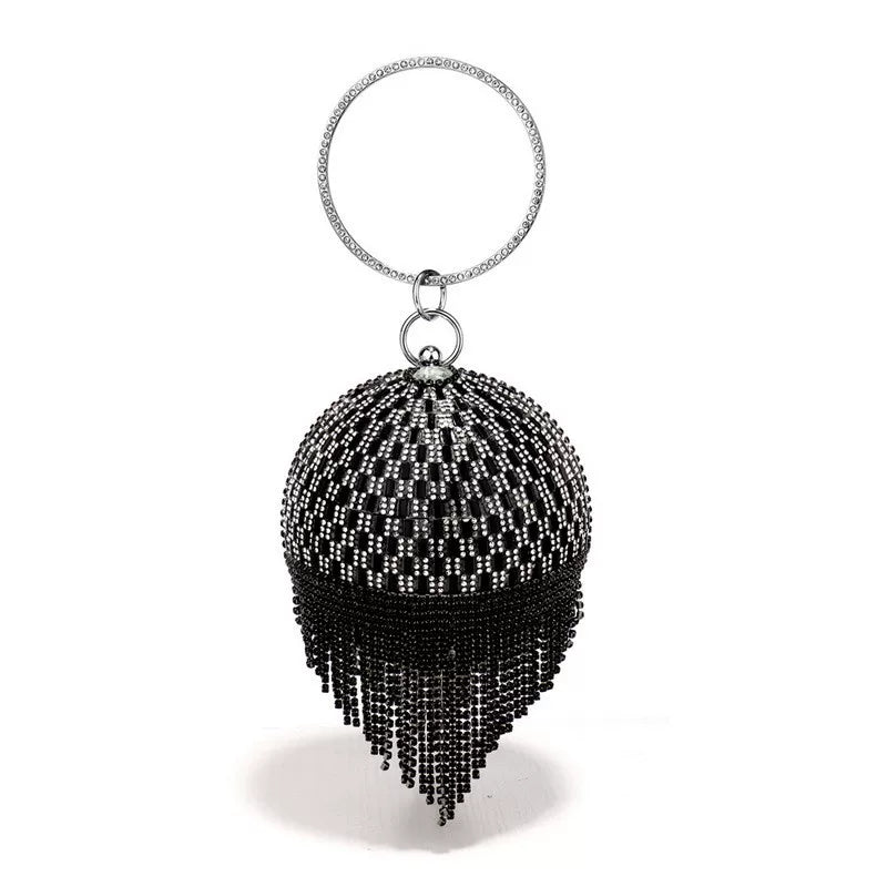 Sparkling Rhinestone Round Tassel Evening Bag – Fashionable and Elegant Women's Clutch Tote for Dressy Occasions