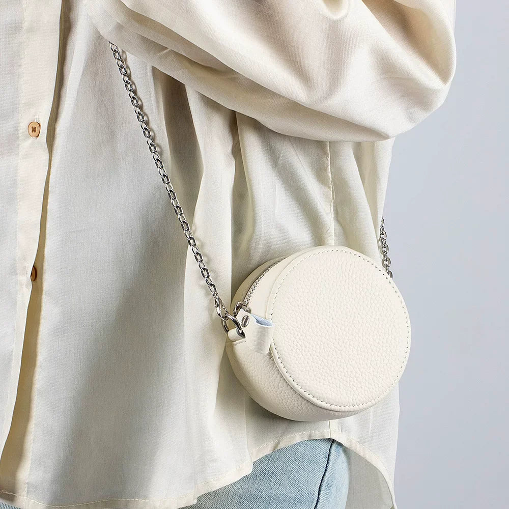 New Genuine Leather Round Mini Chain Shoulder Crossbody Bag – Women’s First Layer Cowhide Portable Powder Storage Bag