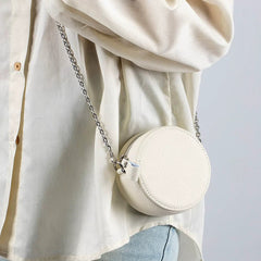 New Genuine Leather Round Mini Chain Shoulder Crossbody Bag – Women’s First Layer Cowhide Portable Powder Storage Bag