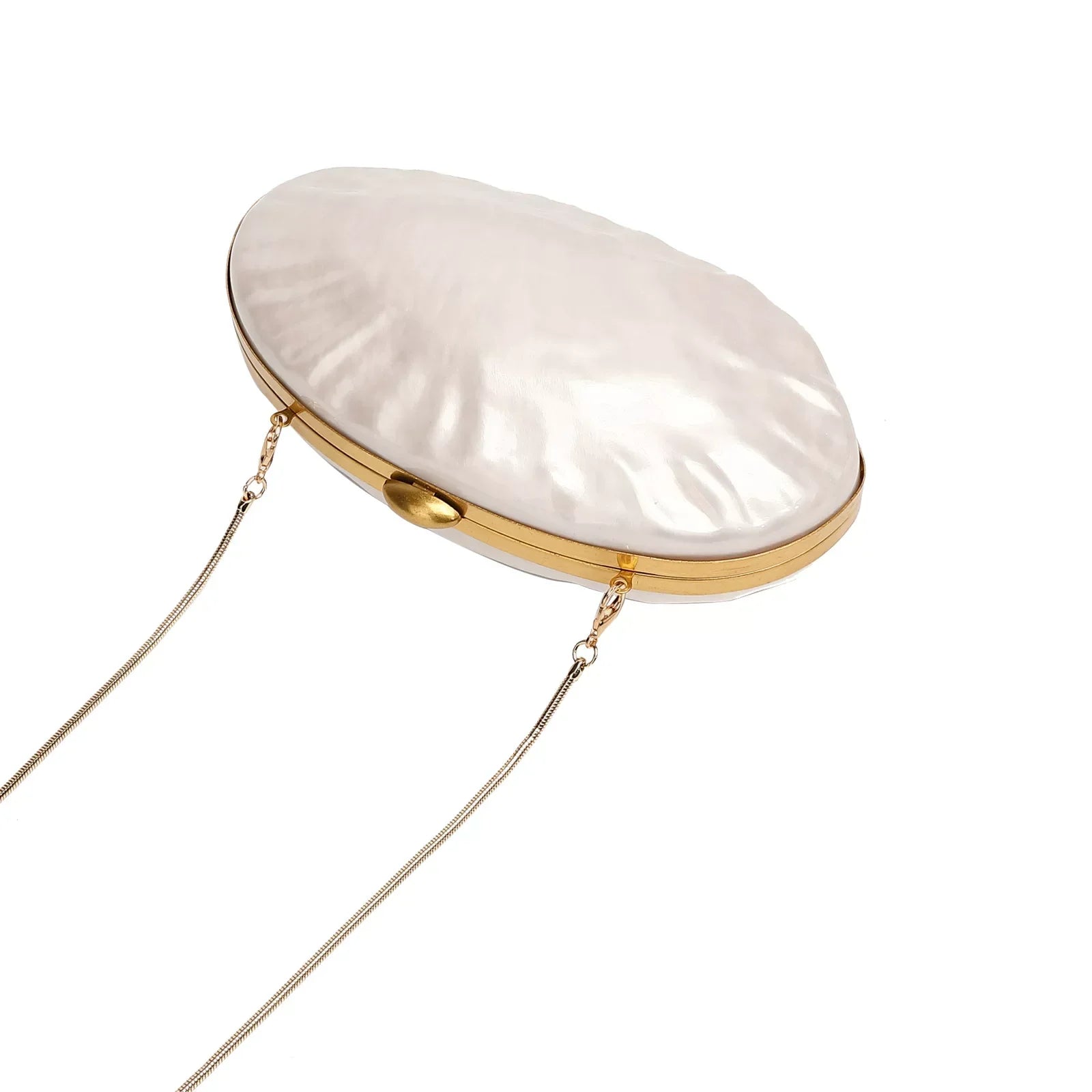 Elegant Pearl White Oval Evening Clutch – Gold Chain Shoulder Bag for Women