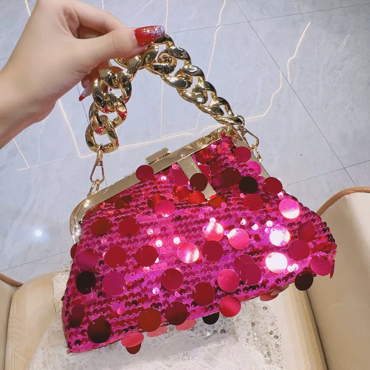 Shiny Pink Sequin Handbag – Chic Chain Handle Evening Bag for Women