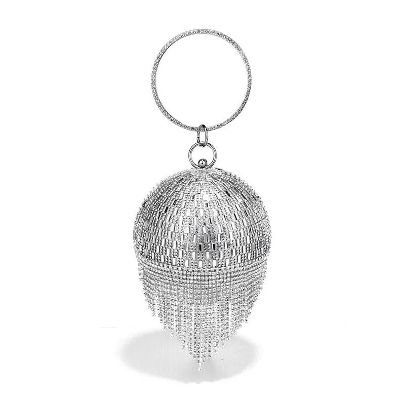 Sparkling Rhinestone Round Tassel Evening Bag – Fashionable and Elegant Women's Clutch Tote for Dressy Occasions