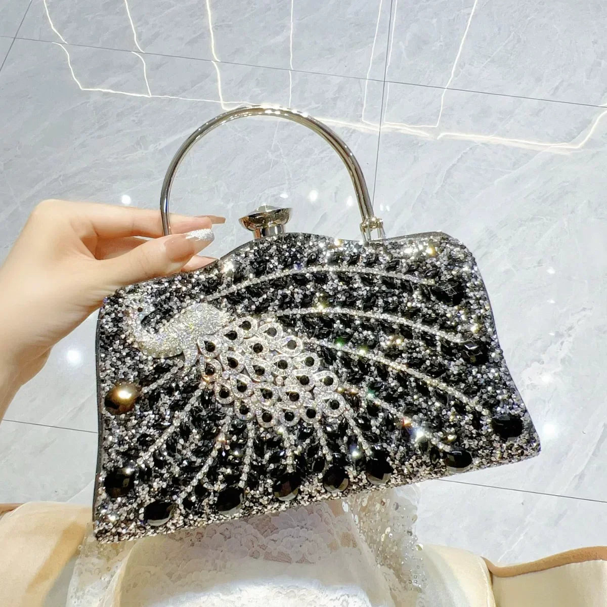 Peacock Rhinestone Evening Handbag for Women – Top Handle and Chain Strap Formal Clutch