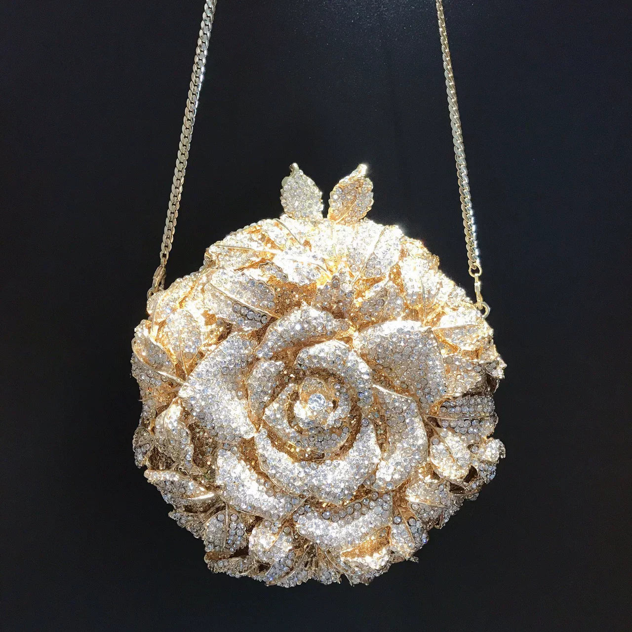 Diamond Dinner Bag – European and American Flower Cosmetic Bag, Small Round Banquet Handbag with Chain