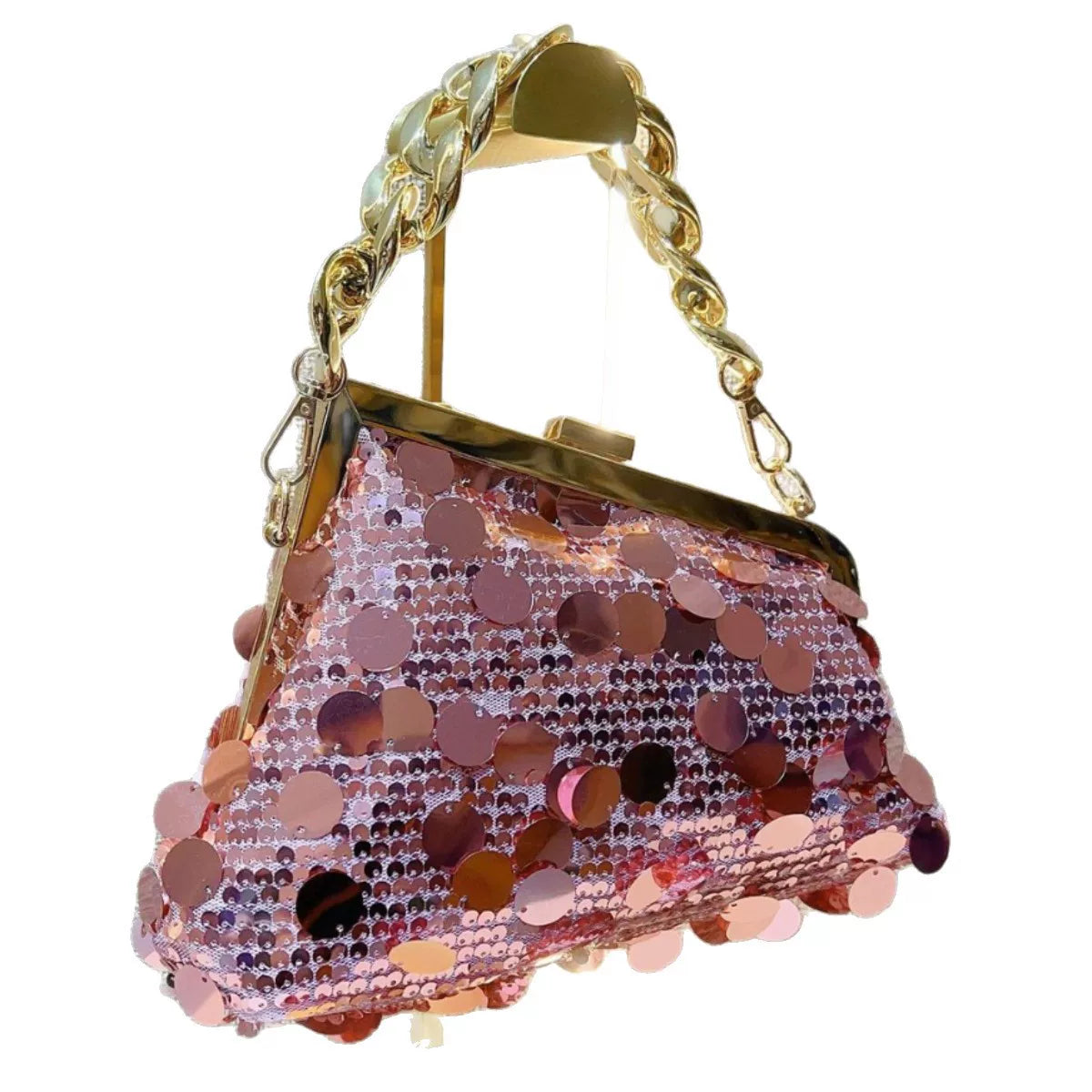 Shiny Pink Sequin Handbag – Chic Chain Handle Evening Bag for Women