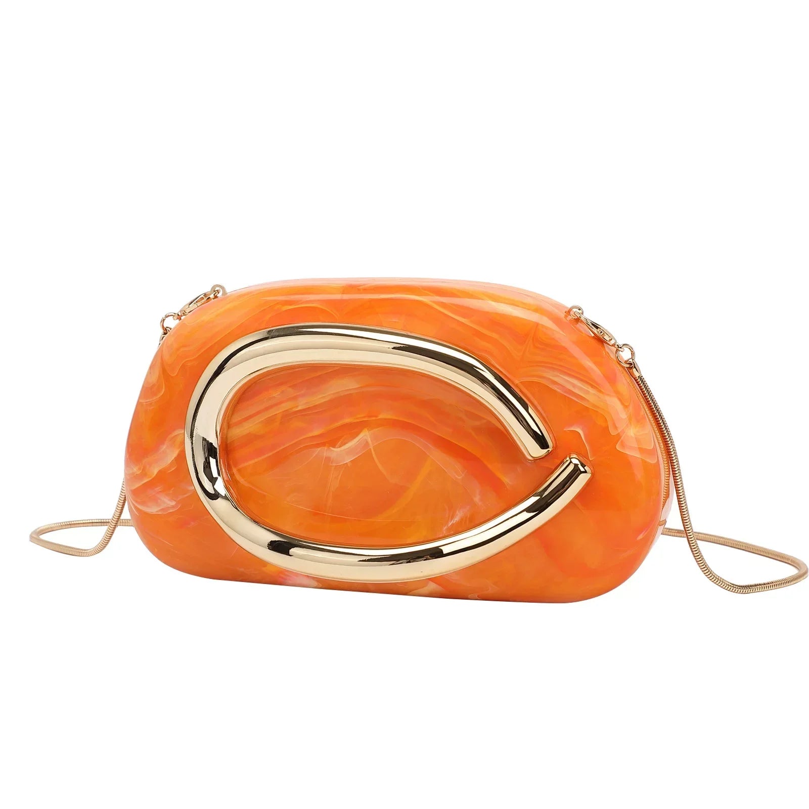 Elegant Brown Marble Acrylic Clutch Bag – Gold Handle Crossbody Purse for Women