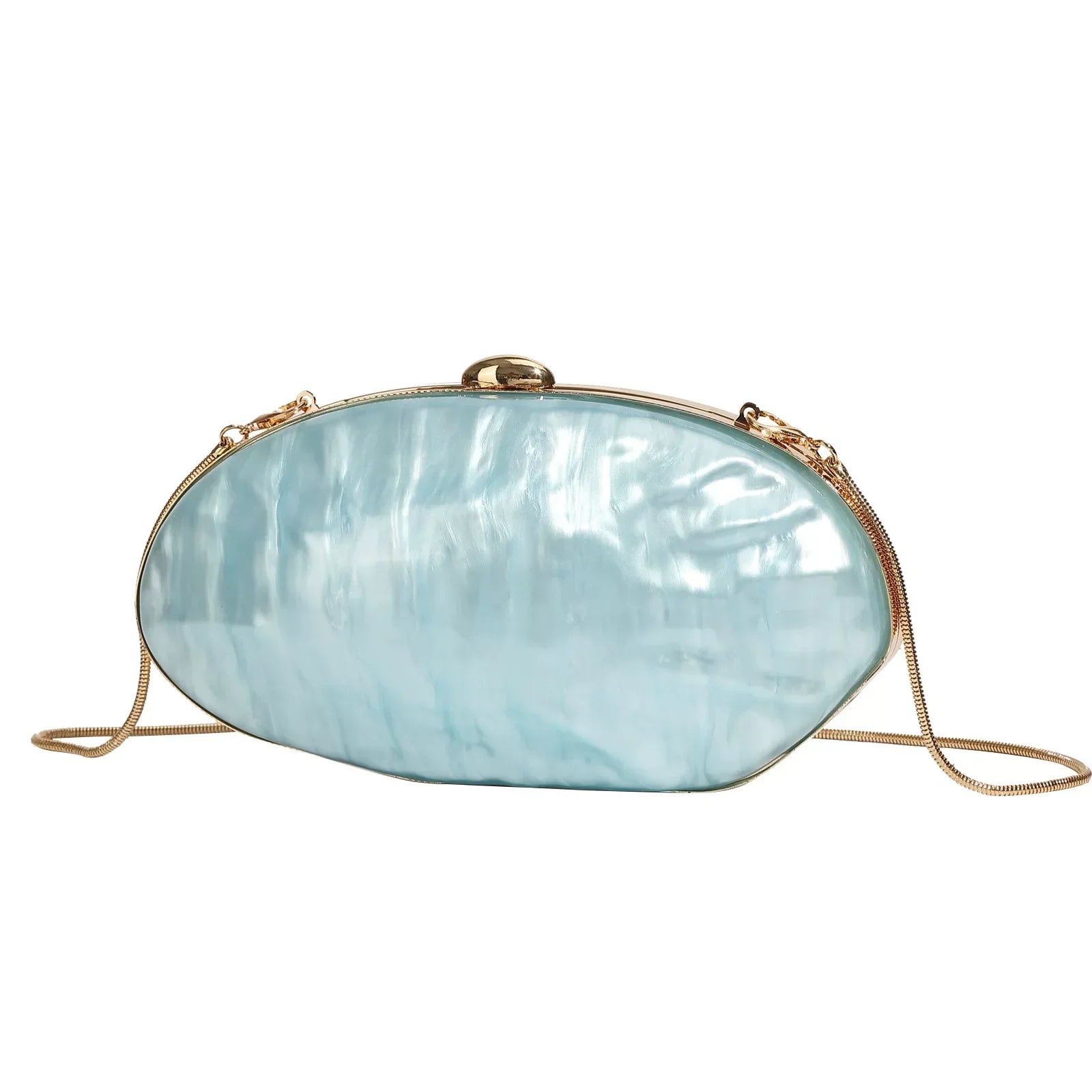 Elegant Pearl White Oval Evening Clutch – Gold Chain Shoulder Bag for Women