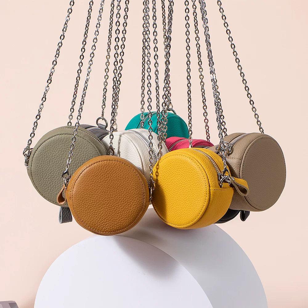 New Genuine Leather Round Mini Chain Shoulder Crossbody Bag – Women’s First Layer Cowhide Portable Powder Storage Bag