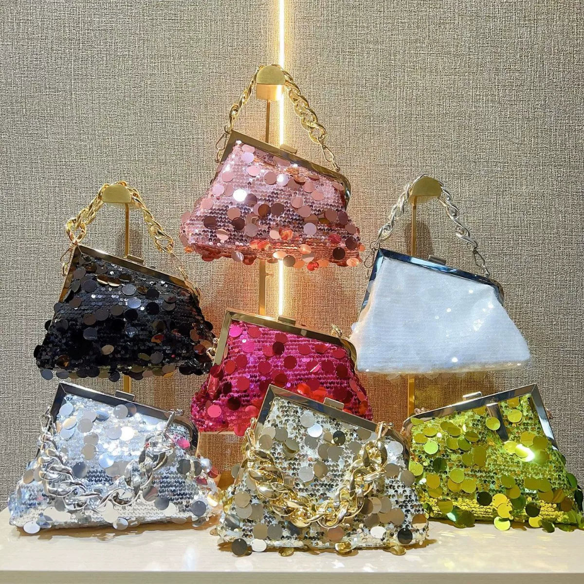 Shiny Pink Sequin Handbag – Chic Chain Handle Evening Bag for Women