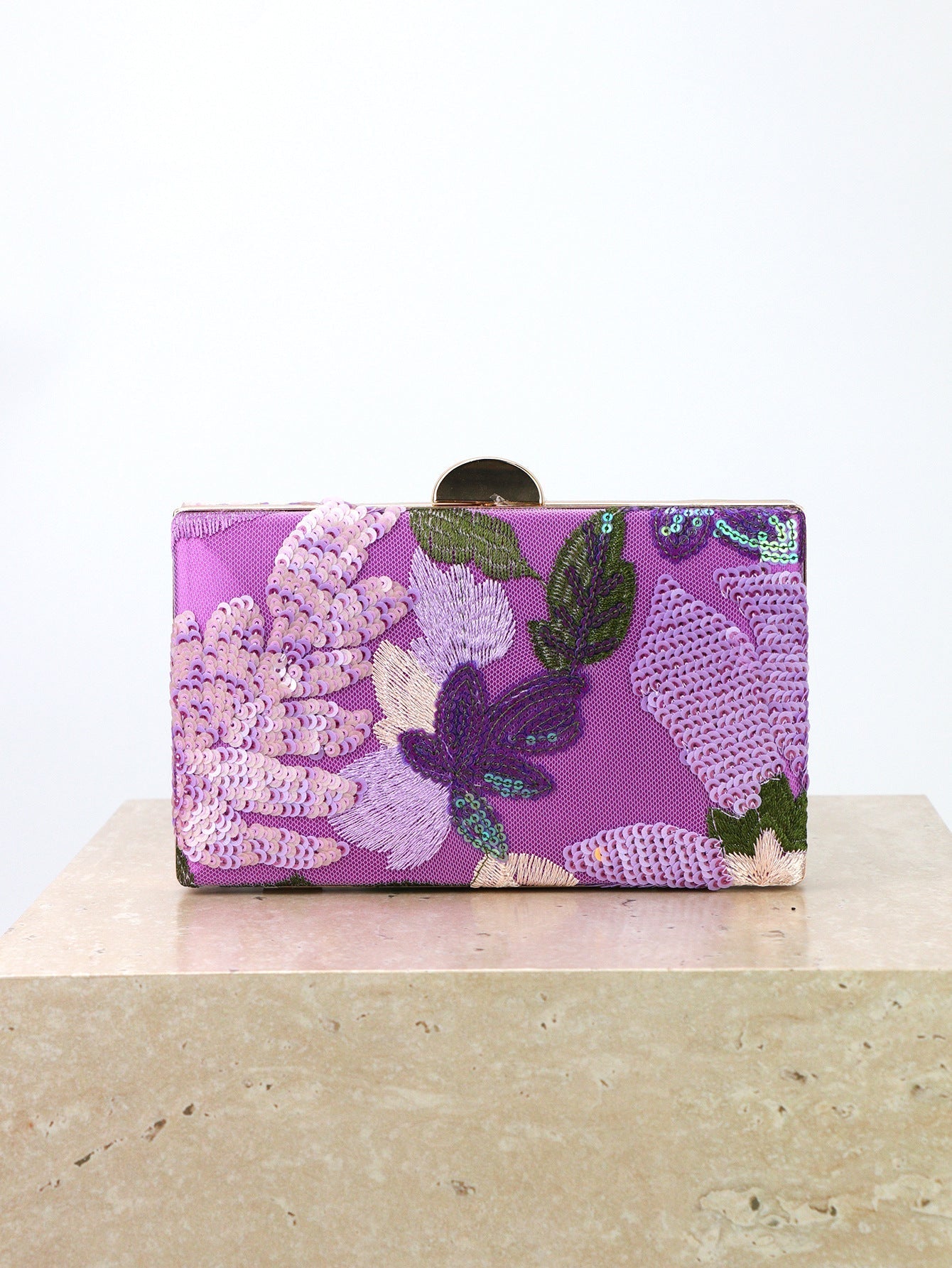 Elegant Purple Floral Sequin Evening Bag – Gold Chain Clutch for Women