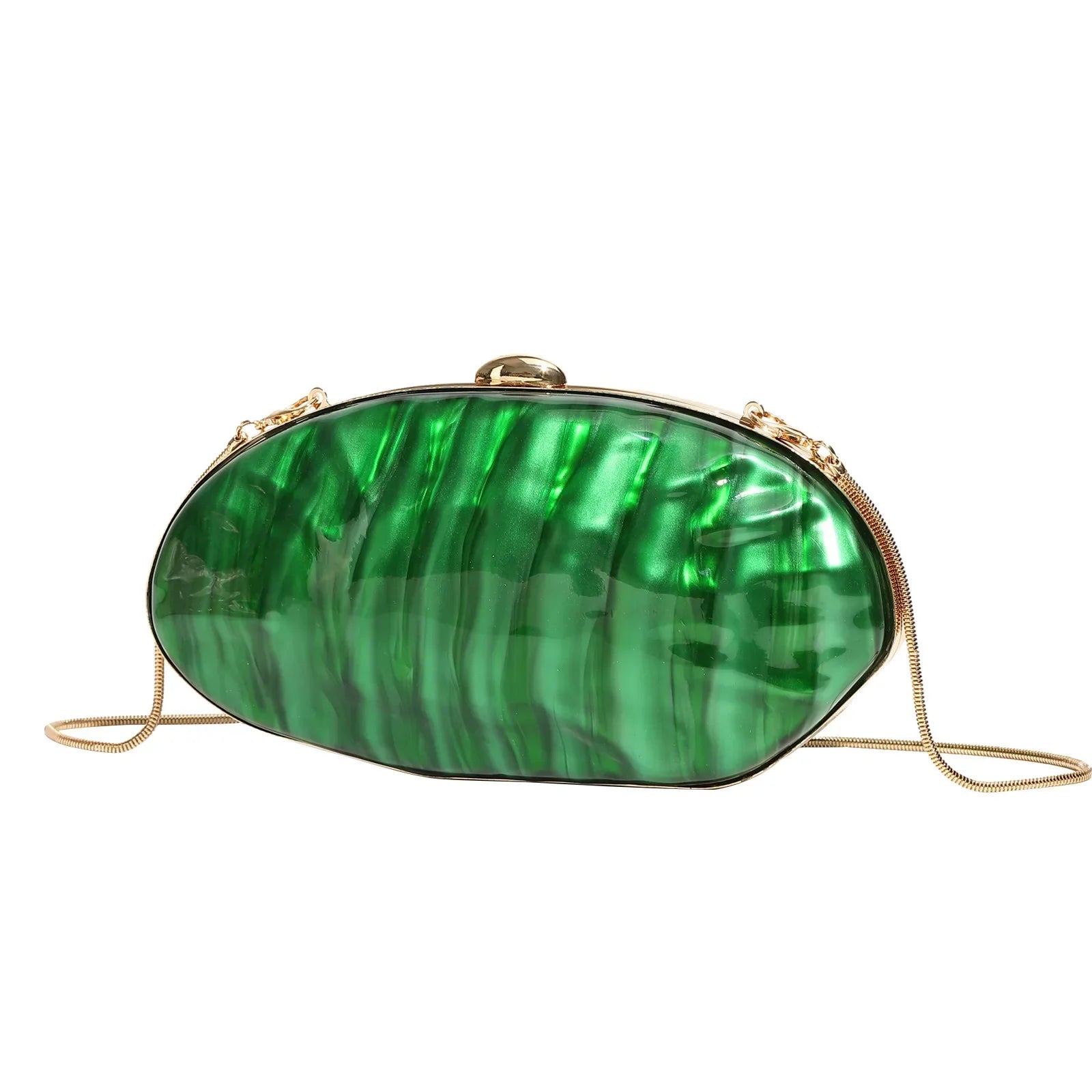 Elegant Pearl White Oval Evening Clutch – Gold Chain Shoulder Bag for Women