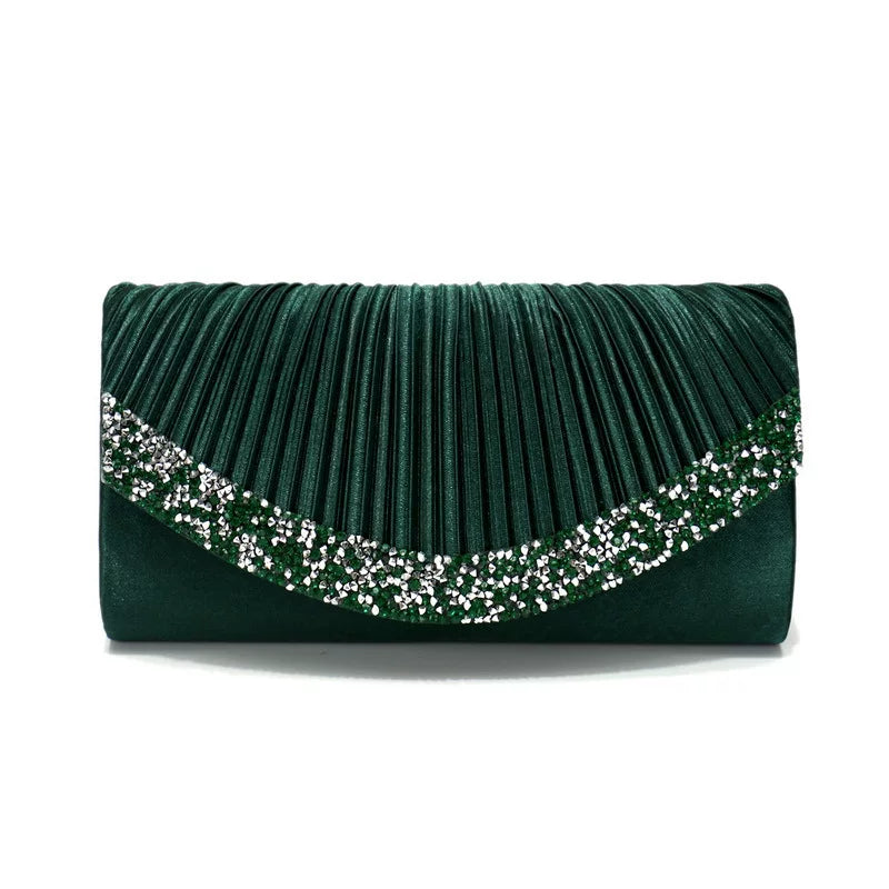 Satin Pleated Rhinestone Evening Clutch for Women – Wedding & Banquet Shoulder Bag