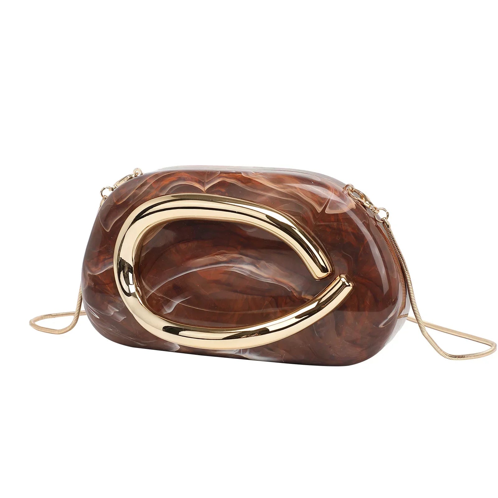 Elegant Brown Marble Acrylic Clutch Bag – Gold Handle Crossbody Purse for Women