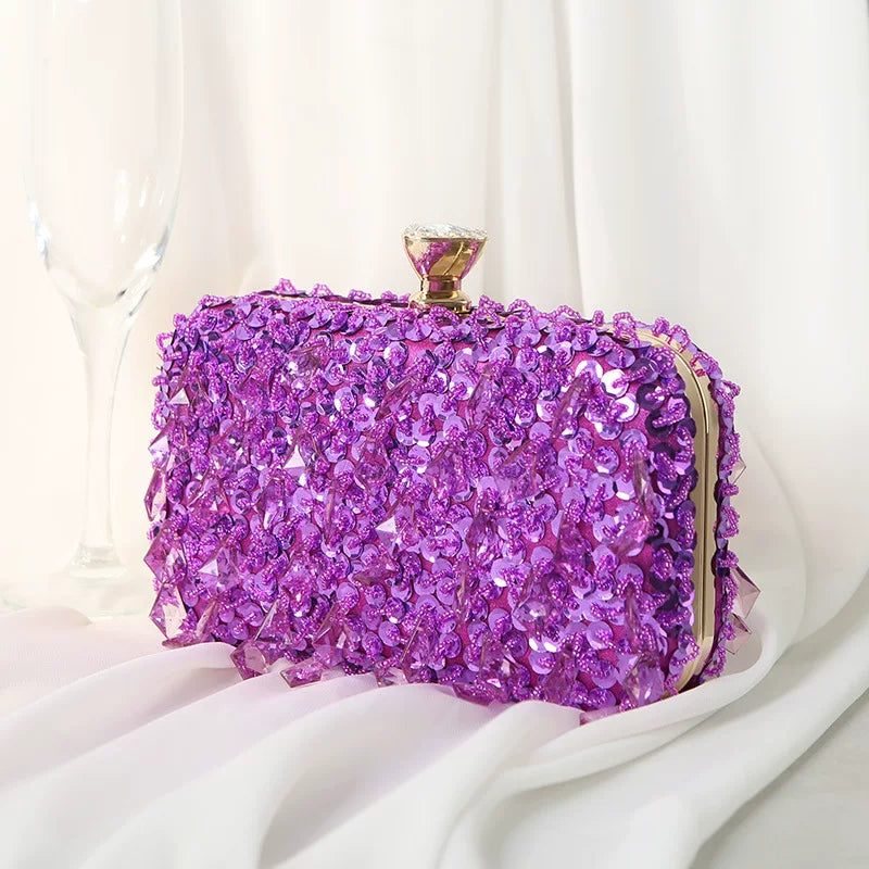 Colorful Ruffled Clutch Bag – Diamond-Embellished Evening Bag for Women, Available in Multiple Colors