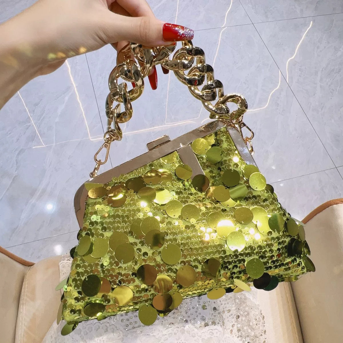 Shiny Pink Sequin Handbag – Chic Chain Handle Evening Bag for Women