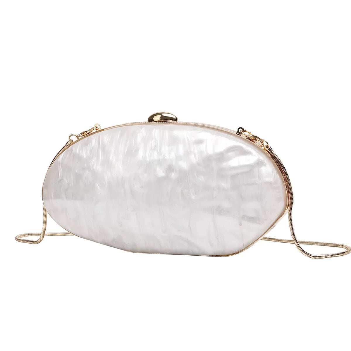 Elegant Pearl White Oval Evening Clutch – Gold Chain Shoulder Bag for Women
