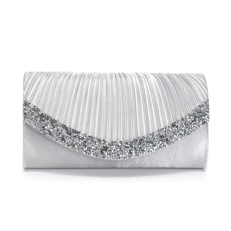 Satin Pleated Rhinestone Evening Clutch for Women – Wedding & Banquet Shoulder Bag